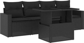 vidaXL 5 részes fekete polyrattan kerti kanapészett párnákkal