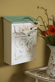 Fehér fém postaláda színes virágos, madaras, 22x12x31cm