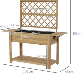 Outsunny Téglalap alakú Emelt Virágtartó Rácsos Háttal - Emelt kertágy 2 hajtható oldalsó polccal és 1 alsó polccal - fa méretek 140L x 45W x 151H cm