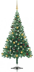 Zöld műkarácsonyfa LED fénnyel és gömbszettel 210 cm 910 ággal