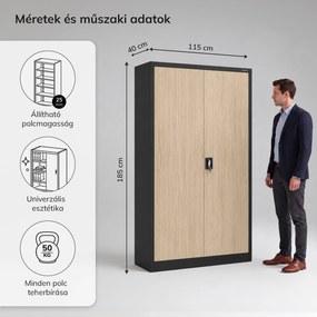 Fém irodai iratszekrény antracit / sonoma tölgy: Eco Design JAN II, 1150 x 1850 x 400 mm