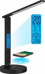 Asztali lámpa naptárral és indukciós töltővel, kerek, fekete