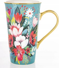 Nagy porcelán bögre 700 ml menta virág motívum arany díszdoboz