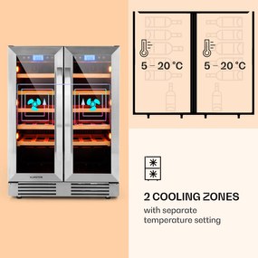 Klarstein Vinovilla Duo 42, 2 zónás borhűtő, 126 liter, 42 palack, 3 színű LED világítás, üvegajtó