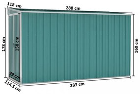 zöld acél falhoz erősíthető kerti fészer 118 x 288 x 178 cm
