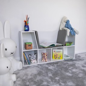 Gyerekkönyvtár ülőhellyel, fehér/szürke, FERIA