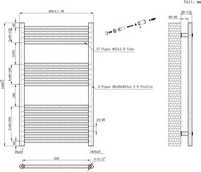 Egyenes törölközőszárító radiátor 1000x600 mm fekete