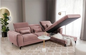 Rózsaszín bársony kinyitható-tárolóhelyes sarokkanapé (jobb oldali-heverő résszel) Foble – ELTAP