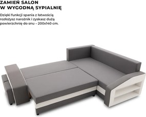 Grande sarokkanapé polcokkal és puffokkal , polc a jobb karfaban puffok a bal karfaban, jobboldali, szövet anyag, hab töltet, szürke - fehér