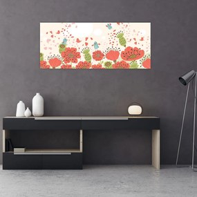 Kép - Madarak egy virágzó réten (120x50 cm)