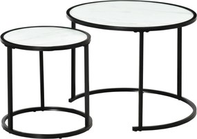 HOMCOM 2 darabos Kerek Oldaltáblák Modern Moduláris Asztal Műmárvány Felsőrésszel és Acél Kerettel Ø60x46 cm és Ø40x40 cm Fehér | Aosom