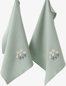 Goldea hímzett waffle konyharuha - kamilla zsálya alapon 50 x 70 cm