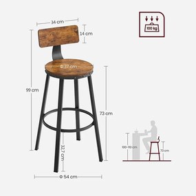 Magas bárszék háttámlával 2 db-os szett, 73 cm magas ülés, barna/fekete