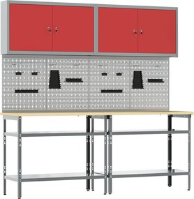 vidaXL Munkapad készlet polcokkal 8 pcs Piros és Szürke Porszórt acél