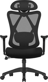 Irodai ergonomikus szék, állítható deréktámasszal és fejtámlával, fekete