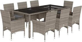 vidaXL 9 részes szürke polyrattan/üveg kerti étkezőgarnitúra párnával