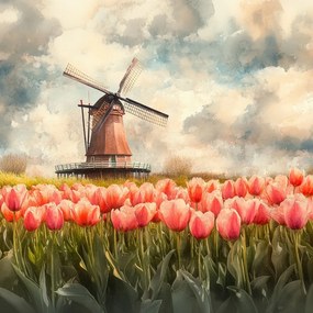 Vászonkép Canvas Tájkép Hollandia Tulipánok Szélmalom 80x80
