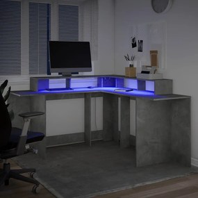betonszürke szerelt fa íróasztal LED-világítással 152x152x91 cm