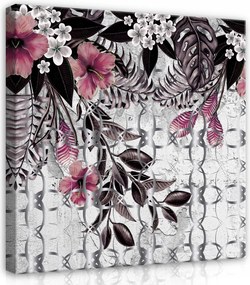 Vászonkép 40x40 Trópusok virágok levelek minta rózsaszín bordó természet művészet