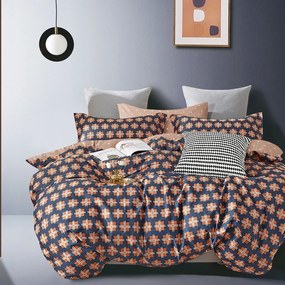 Szatén ágyneműhuzat 200x220 sötétkék narancssárga bézs geometrikus minta