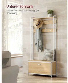 Előszoba fogas paddal, akasztókkal, cipőszekrény, tölgy és fehér 85x30x180cm