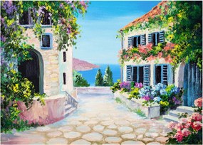 Kép - görög utca, olajfestmény (üvegen) (70x50 cm)
