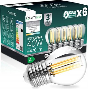 6x Led Izzó E27 Filament A Osztály 2,2W 470LM 40W 4000K 360° Golyó