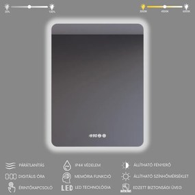 Tükör LED világítással 60x80cm | Páramentesítő funkció | Beépített óra | Fényerő és színhőmérséklet szabályozás | Welland Type-1VS