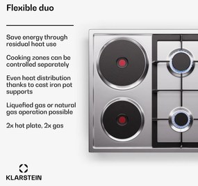 Klarstein MultiChef 4 Hot Plate, villany és gáz főzőlap, 4 főzőzóna, 2 égő, 2 villany főzőlap