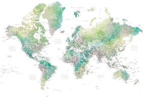 Térkép Watercolor world map with cities in muted green, Oriole, Blursbyai