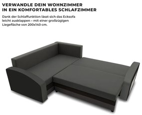 Grande sarokkanapé polcokkal , polc a jobb karfaban, baloldali, szövet anyag, bonell töltet, szürke - fekete