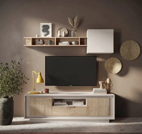 SKY 2.0 TV-szekrény 2 ajtóval és 1 fiókkal, kasmír színű laminált vázzal, Cadiz tölgy mintázatú előlapokkal