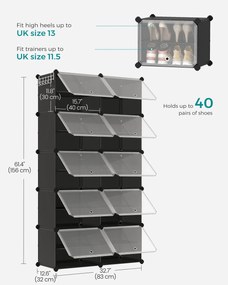 Összekapcsolható cipőtartó, 10 rekeszes műanyag cipőszekrény, fekete