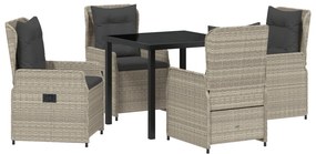 5 darabos kert étkezőszett világosszürke poli rattan, kert asztal fekete 80x80x73 cm edzett üveg