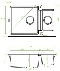 Laveo Celia, 1,5 kamrás gránit mosogató 650x440x195 mm, szürke, LAV-SBC_530T