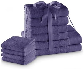 Lila frottír pamut törölköző és fürdőlepedő készlet 10 db-os Amari – Restilo
