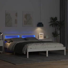 Ágykeret LED -es lámpákkal Fehér 160 x 200 cm Tömör fenyőfa