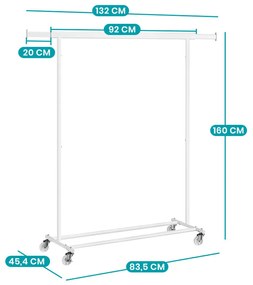 Állítható magasságú gurulós ruhatartó állvány, fehér