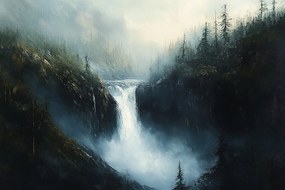Vászonkép Canvas Tájkép Hegyek Erdő Vízesés Folyó Sötét Természet 120x80