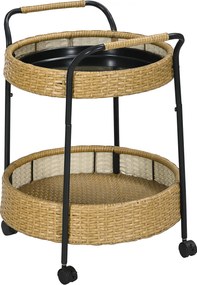 Outsunny Rattan Szervíz Kocsi 2 Polccal, Kerti Görgős Kocsi, Kerek Konyhai Kocsi Fogantyúkkal, Kültéri Bár Kocsi Erkélyhez, Acél Váz, Természetes, Φ50