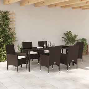 7 Darabos Kerti Étkezőkészlet Párnákkal Barna Poli Rattan, Kerti Asztal Fekete 200x80x73 cm Edzett Üveg
