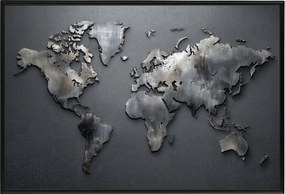 Poszter Alumínium Keret Világtérkép Fém Szürke Ipari Loft 60x40