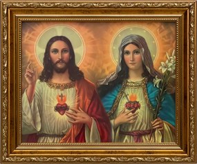 Vászonkép 26x31 Jézus És Mária Szíve Jézus Krisztus Mária Arany Díszített Keret