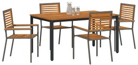 5 Részből Álló Kerti Étkező Szett Szürke Polyrattan Akác, Egymásra Rakható Kerti Székek párnákkal 2 db Szürke Polyrattan, Kerti Asztal 150x90x75 cm Szilárd Akácfa és Fém