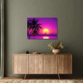 Üveg kép - Lila naplemente pálmafával (70x50 cm)