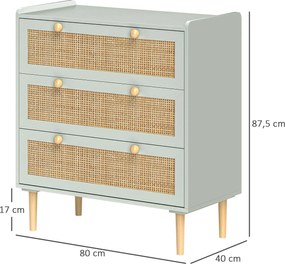 HOMCOM 3-Fiókos Komód Bohemian Stílusban, Fából készült Rámával, Rattan Dresser a Hálószobába, Nappaliba, Előszobába, 80 x 40 x 87,5 cm, Olívazöld | A