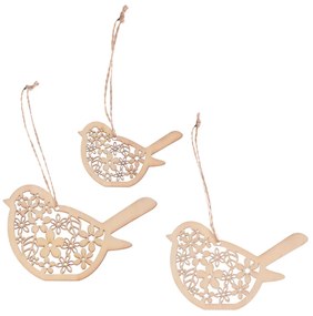 FÜGGESZTHETŐ KISMADARAK, FÁBÓL KÉSZÜLT TAVASZI DEKORÁCIÓ VIRÁG MINTÁVAL, NATÚR FA SZÍNBEN. 3 DB-OS CSOMAGBAN.