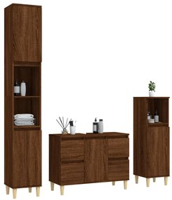 3 részes barna tölgy színű szerelt fa fürdőszobai bútorszett