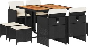 vidaXL 9 részes fekete polyrattan kerti étkezőgarnitúra párnákkal