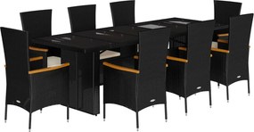vidaXL 9 részes fekete polyrattan kerti étkezőgarnitúra párnákkal